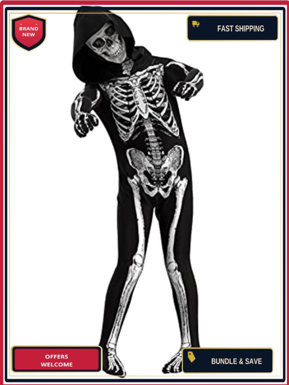 Unisex Skeleton Jumpsuit Costume with Hood & Mask Halloween Cosplay
